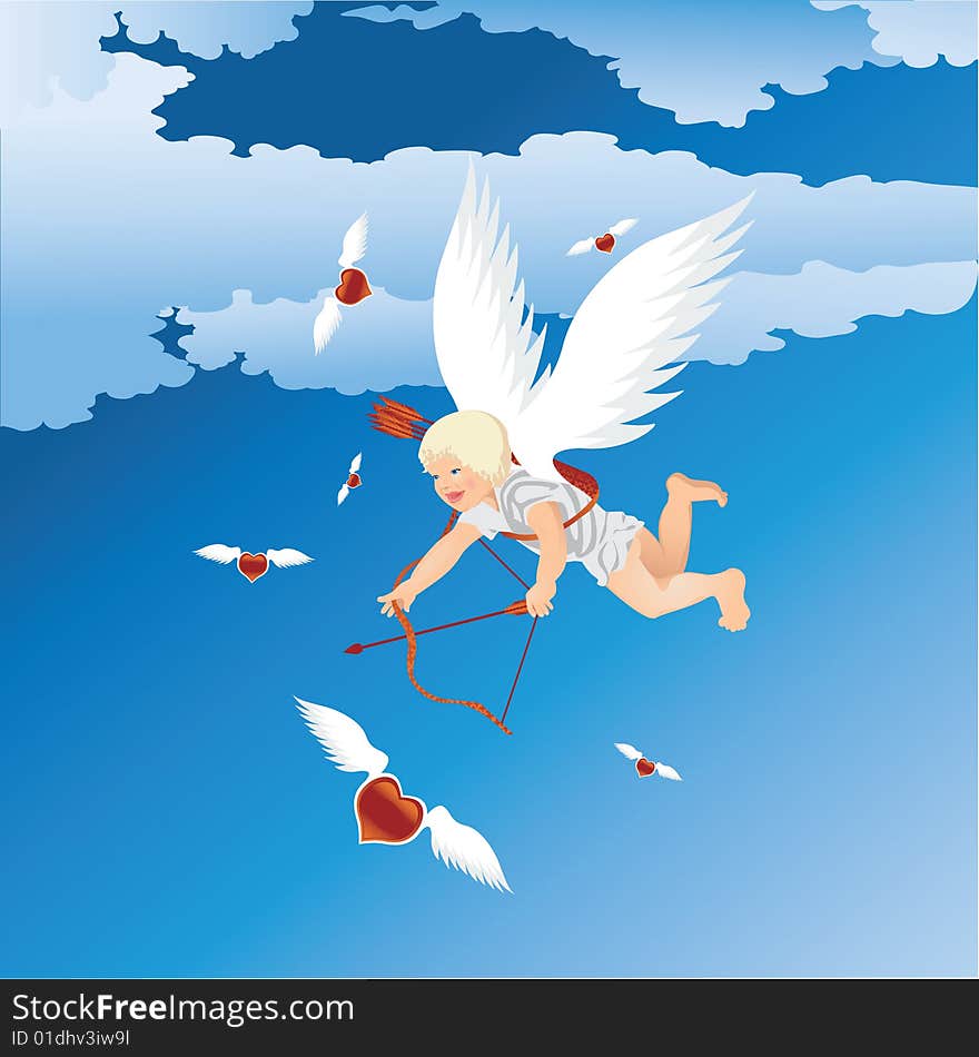 Illustration of a flying Cupid with arrows. Illustration of a flying Cupid with arrows.