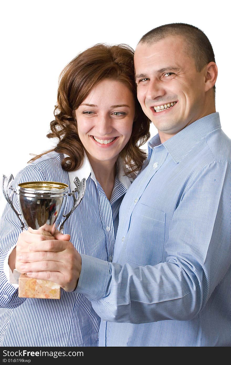 Businessteam With Trophy Over White Background