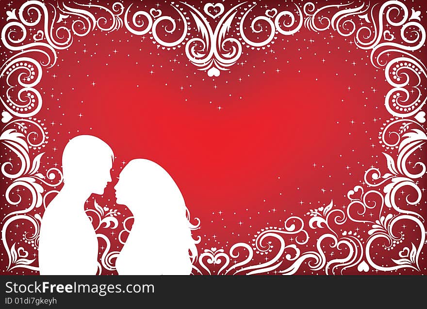 Pattern in a shape of a heart on the red background with sparkles and silhouettes of man and woman.
. Pattern in a shape of a heart on the red background with sparkles and silhouettes of man and woman.