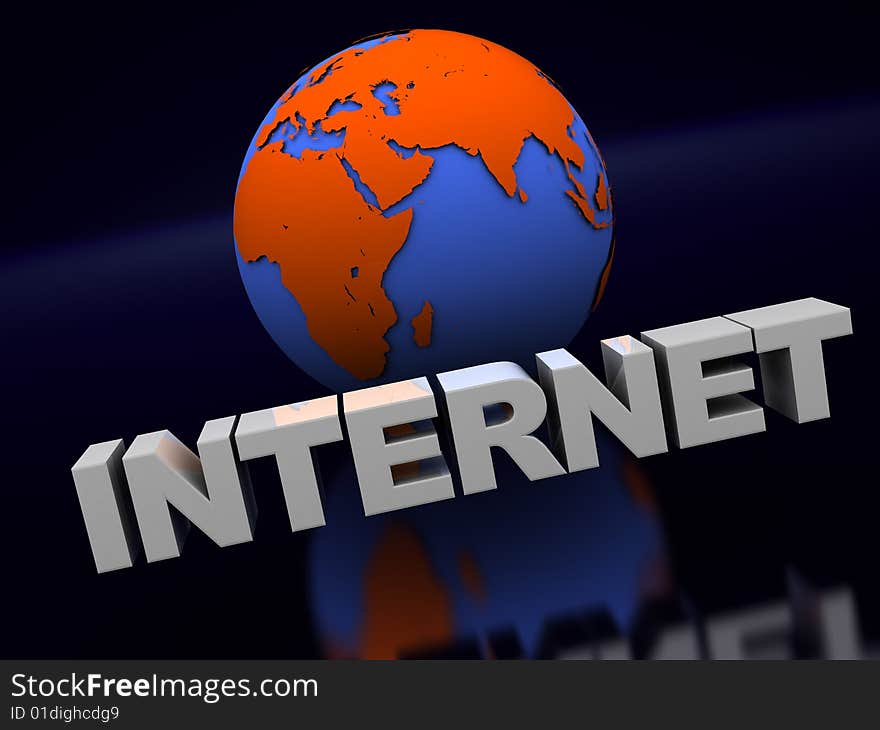 Abstract 3d illustration of globe and text 'internet' on front