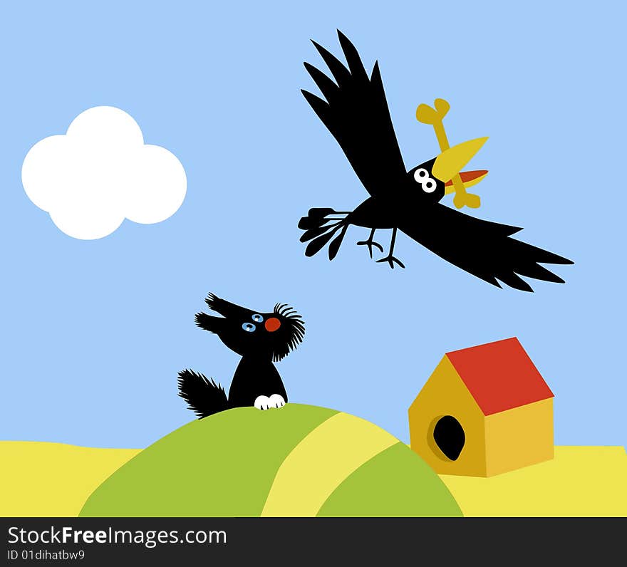 Vector illustration of the small dog and crow