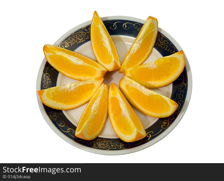 A close-up of the slices of orange on plate,. A close-up of the slices of orange on plate,