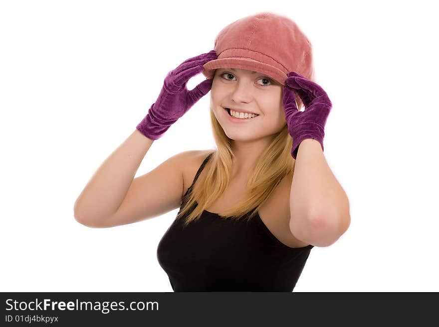 Portrait of the beautiful young girl in gloves on a white background