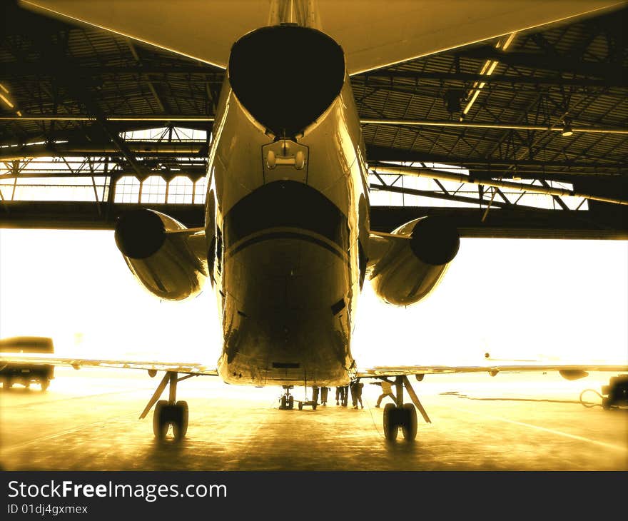 Jet airplane in hanger