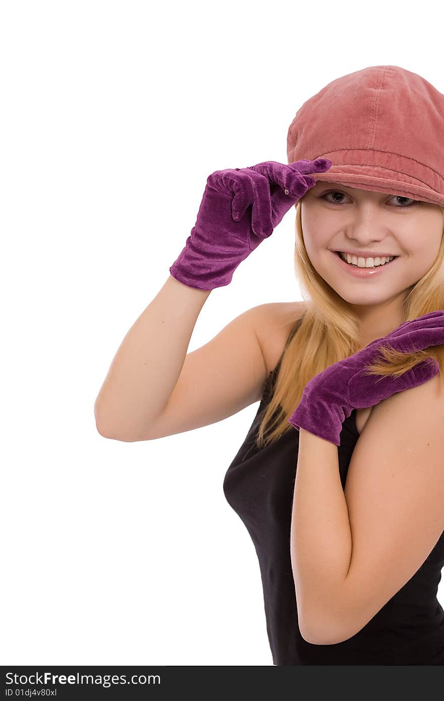 Portrait of the beautiful young girl in gloves on a white background. Portrait of the beautiful young girl in gloves on a white background