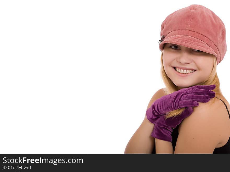 Portrait of the beautiful young girl in gloves on a white background. Portrait of the beautiful young girl in gloves on a white background