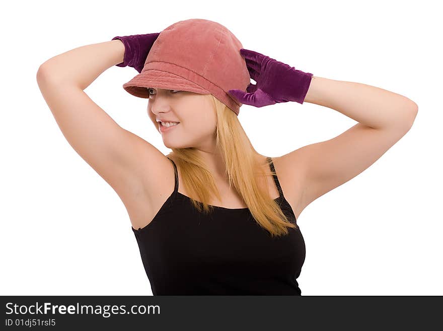 Portrait of the beautiful young girl in gloves on a white background