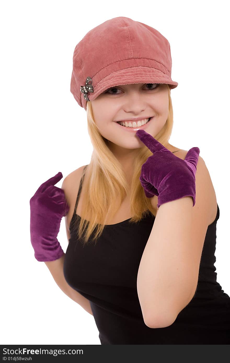 Portrait of the beautiful young girl in gloves on a white background. Portrait of the beautiful young girl in gloves on a white background