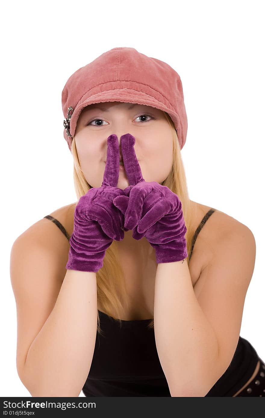 Portrait of the beautiful young girl in gloves on a white background