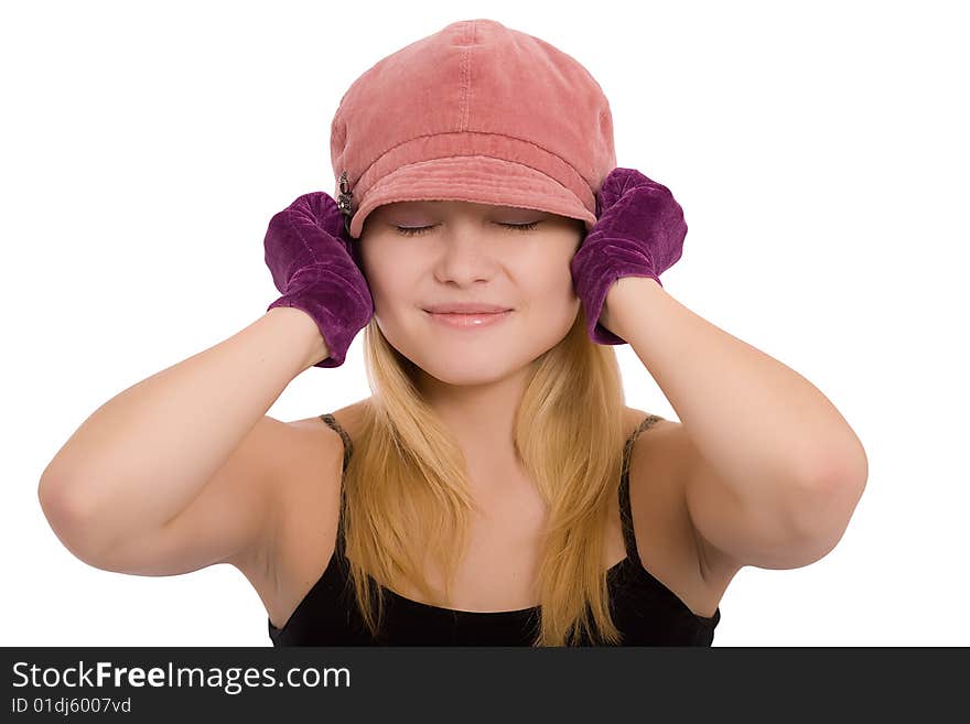 Portrait of the beautiful young girl in gloves on a white background