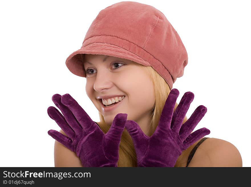 Portrait of the beautiful young girl in gloves on a white background. Portrait of the beautiful young girl in gloves on a white background