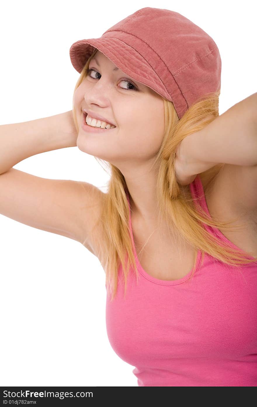 Portrait of the beautiful young girl on a white background