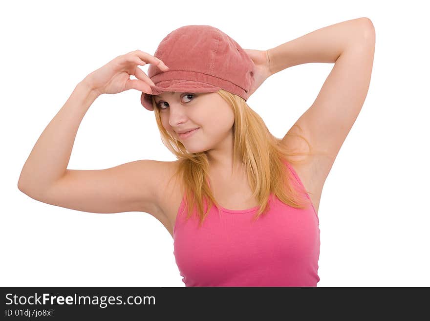 Portrait of the beautiful young girl on a white background