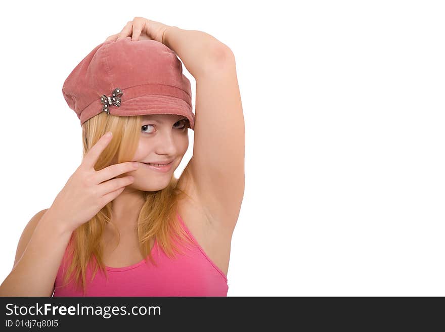 Portrait of the beautiful young girl on a white background