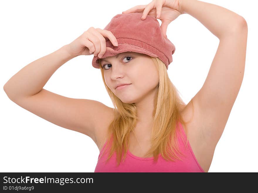 Portrait of the beautiful young girl on a white background