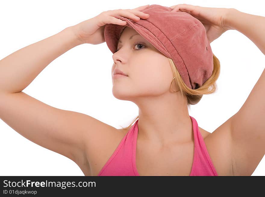 Portrait of the beautiful young girl on a white background