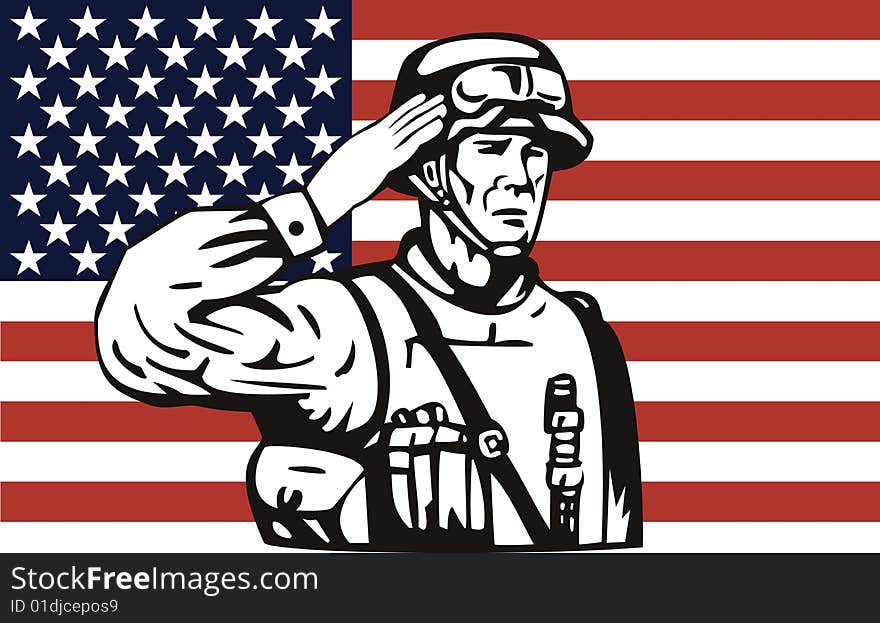 Vector art of an American Military serviceman saluting the stars and stripes. Vector art of an American Military serviceman saluting the stars and stripes