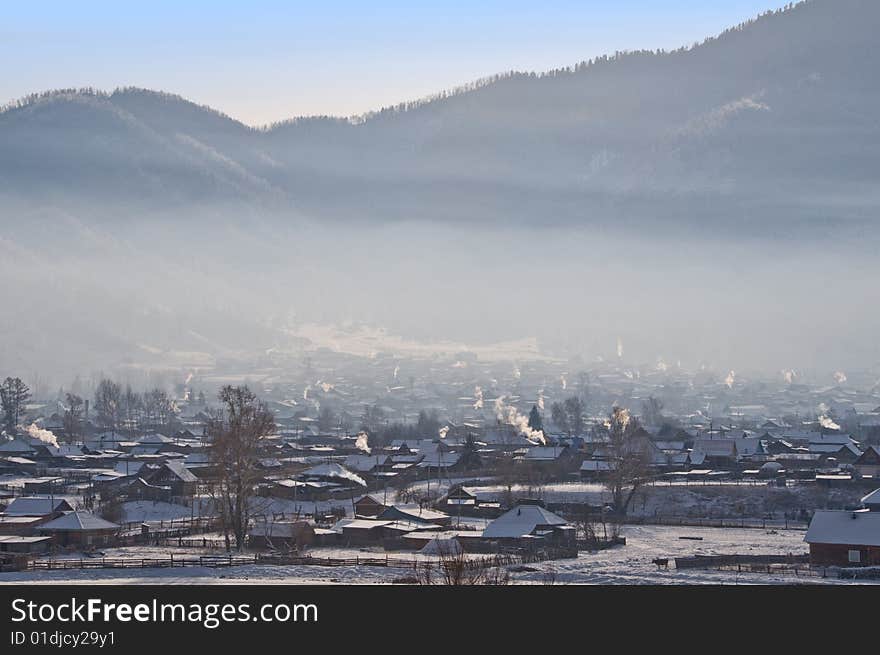 Winter Morning In Village. The Top View.