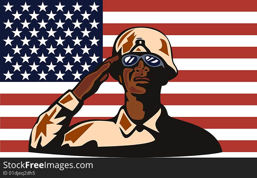 Vector art of an American Military serviceman with flg in the background. Vector art of an American Military serviceman with flg in the background