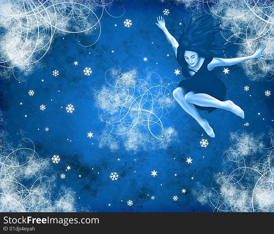 Illustration of a snow queen jumping in snow. Illustration of a snow queen jumping in snow