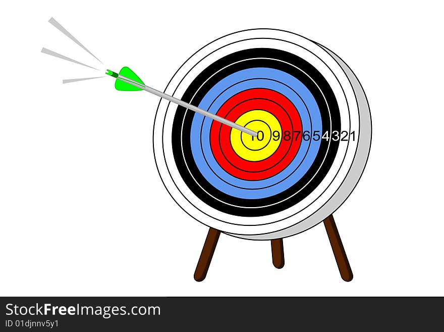 A arrow hits the bullseye on a target. A arrow hits the bullseye on a target