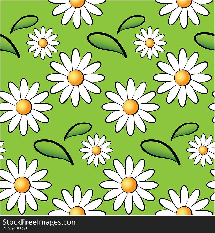 Seamless daisy pattern on green background