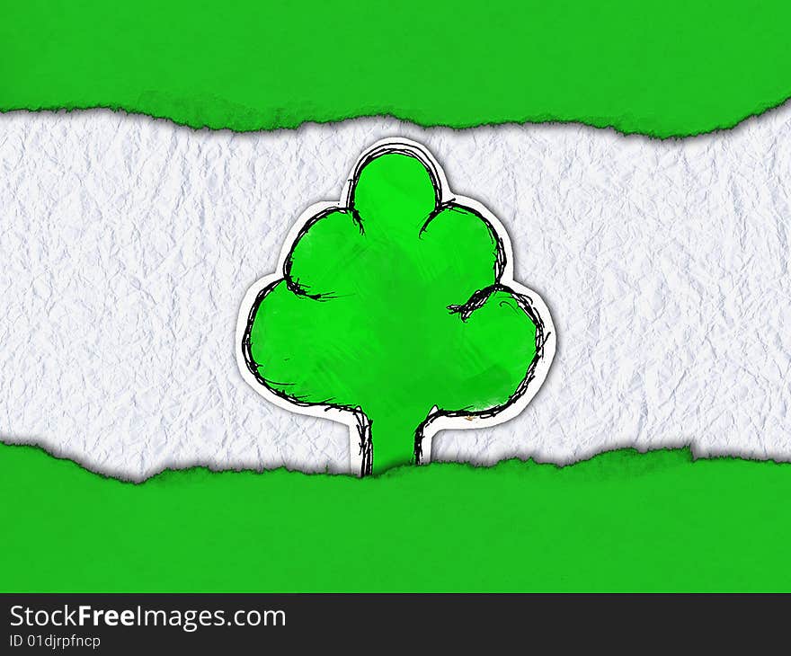 Green paper tree. This picture was is drawn by the black gel ink pen, is painted then cut out, scanned and edit in the graphic editor.