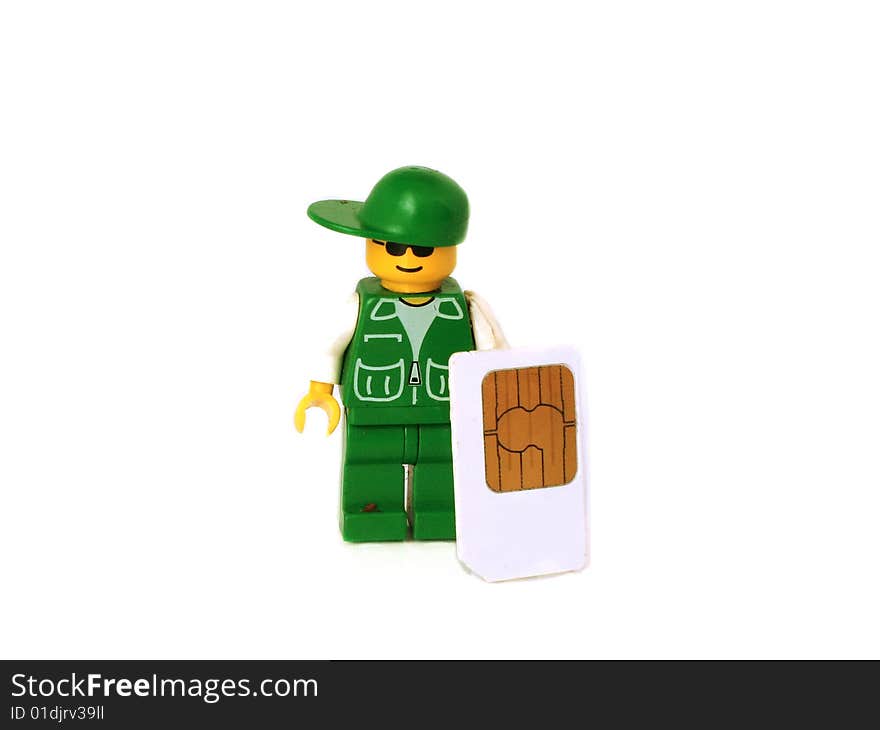 Man in green with sim card. Man in green with sim card