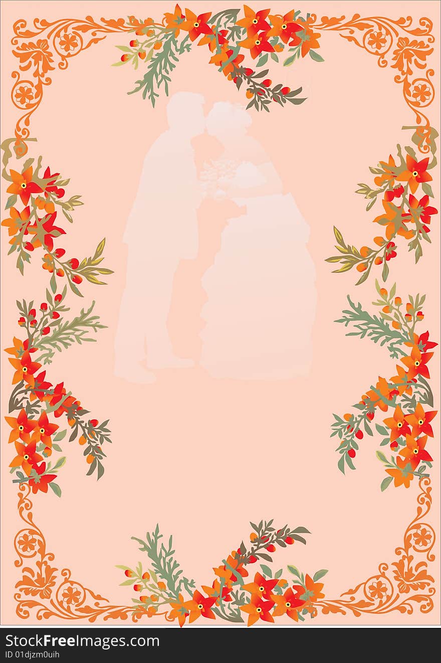 Illustration with wedding couple silhouette in frame. Illustration with wedding couple silhouette in frame