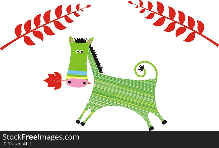 Green horse with red plants graphic illustartion