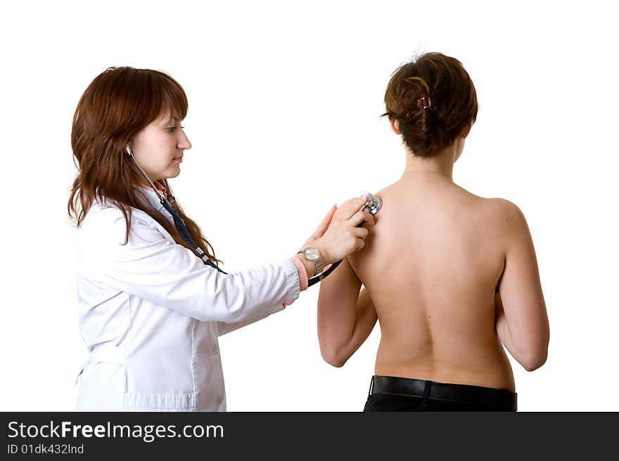 Doctor assessing patient by stethoscope. Isolated on white