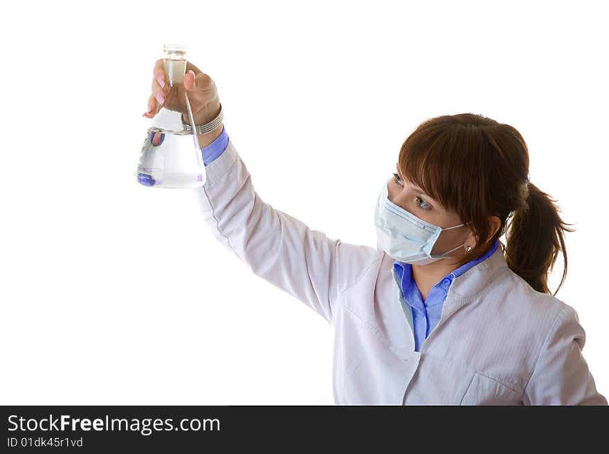 Woman investigates liquid isolated on white background