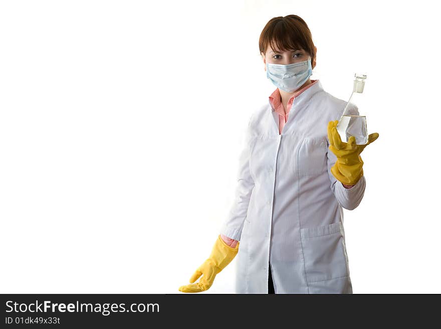 Woman investigates liquid isolated on white background