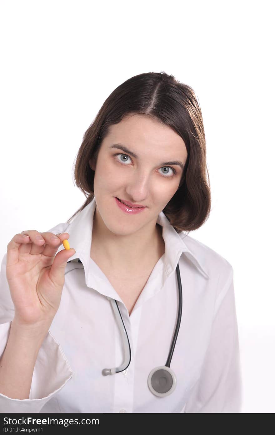 Young doctor with stethoscope on white background