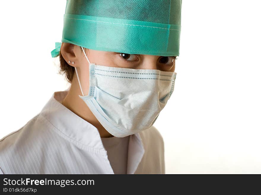 Close-up portrait of doctor. Isolated on white background. Close-up portrait of doctor. Isolated on white background