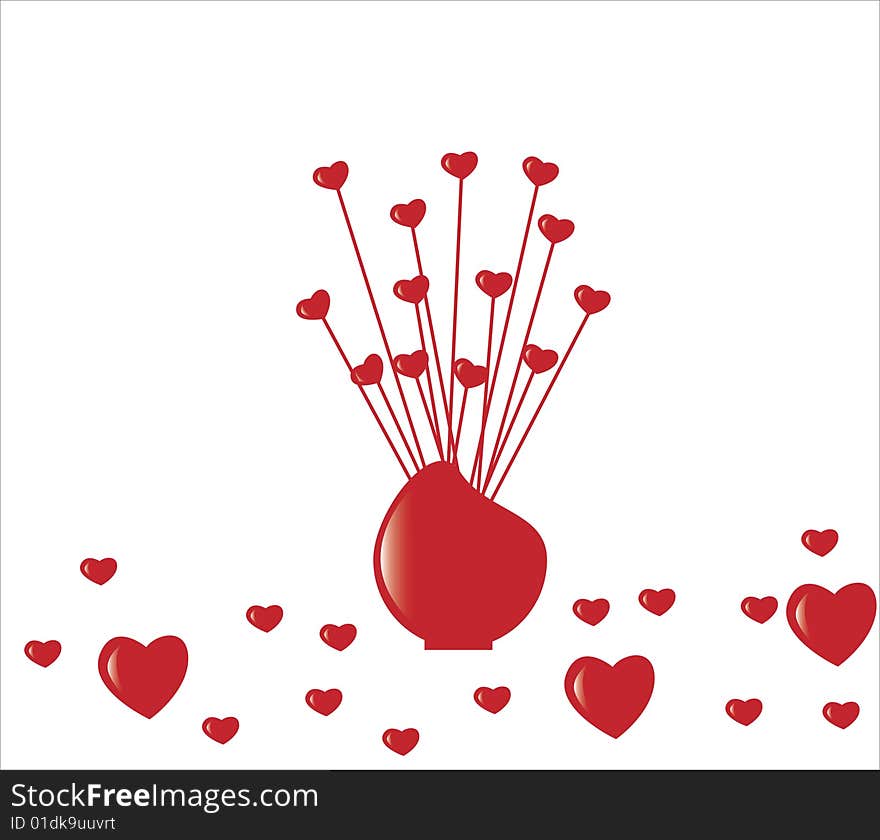 Red hearts in the vase. Red hearts in the vase