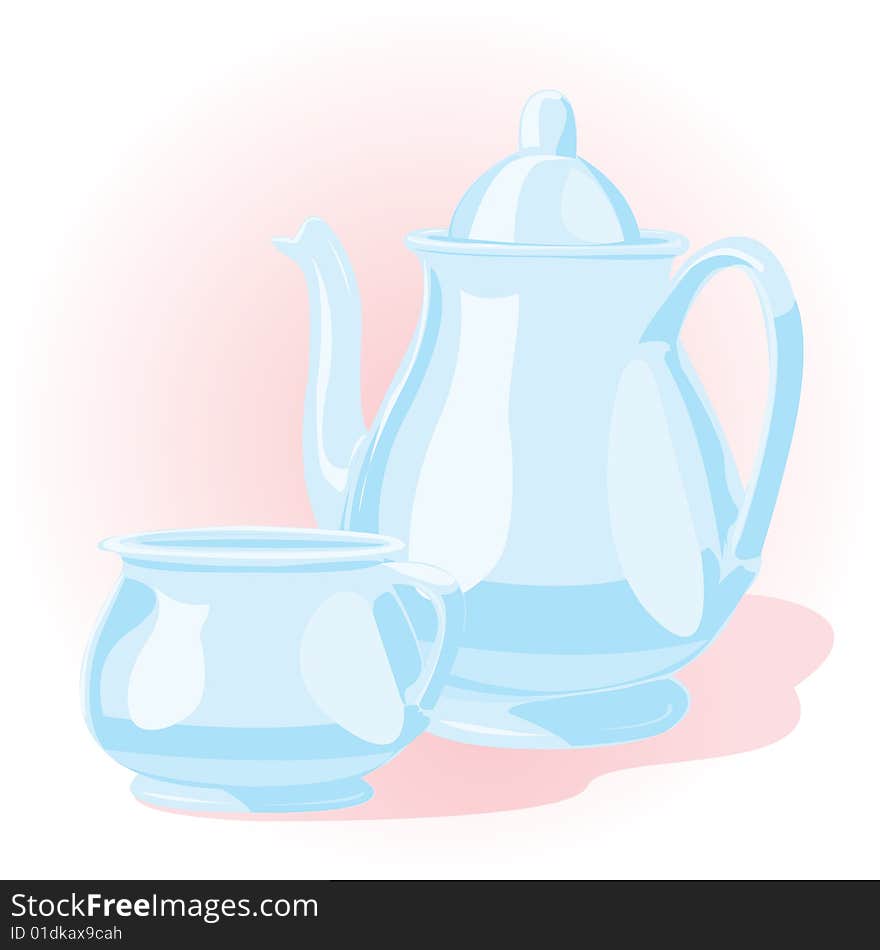 The teapot, coffee, pot, cup, tea,  pair, utensils, to drink, a dessert, to make, cook, the illustration, figure, a vector, blue, porcelain, glass, ceramics, to cover, a table. The teapot, coffee, pot, cup, tea,  pair, utensils, to drink, a dessert, to make, cook, the illustration, figure, a vector, blue, porcelain, glass, ceramics, to cover, a table