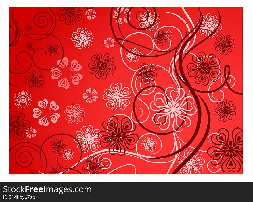 Beautiful pattern with bound lines and flowers in red, illustration