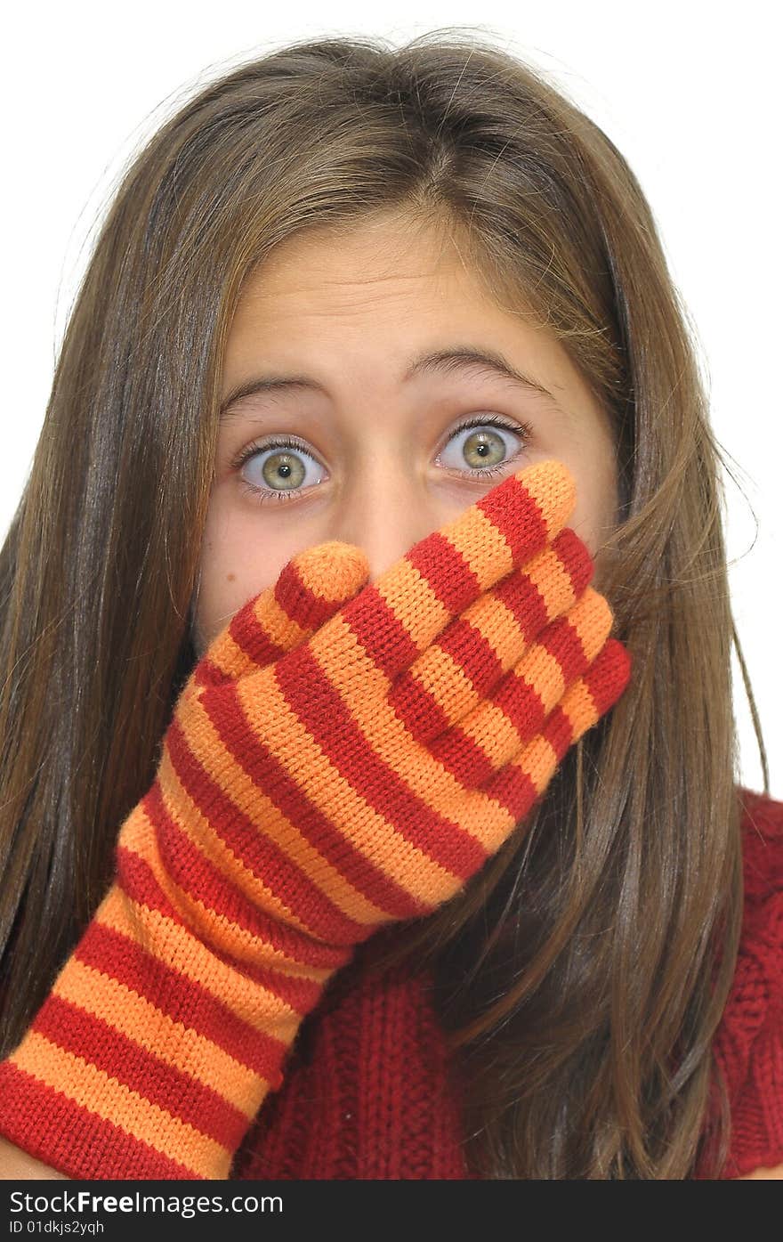 Beautiful young girl posing with gloves against a white background. Beautiful young girl posing with gloves against a white background