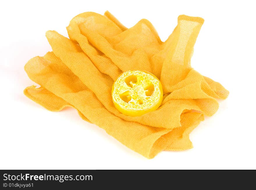 Yellow sponge ang soap isolated on white background. Yellow sponge ang soap isolated on white background