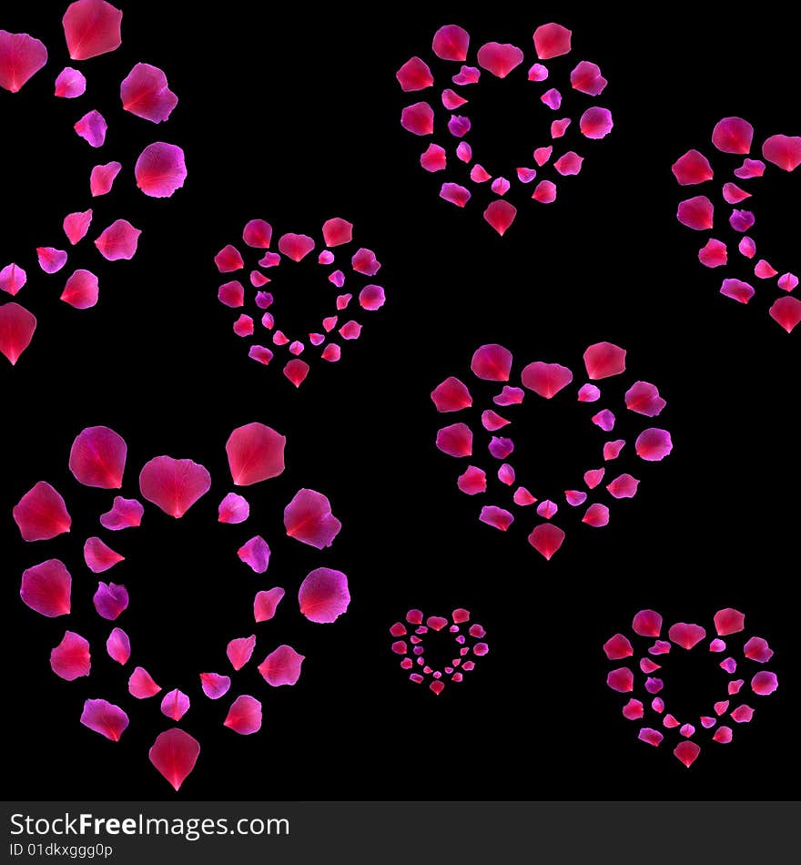 Abstract design of pink and red rose petal hearts set against a black background.