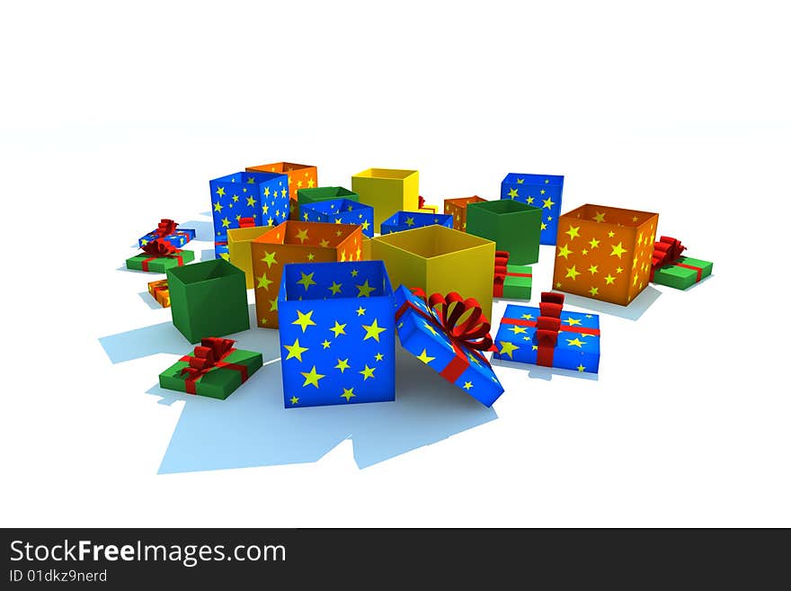 Opened gift boxes - 3d isolated illustration on white. Opened gift boxes - 3d isolated illustration on white