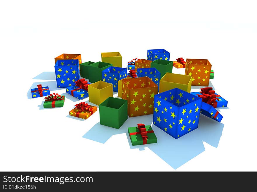 Opened gift boxes - 3d isolated illustration on white. Opened gift boxes - 3d isolated illustration on white