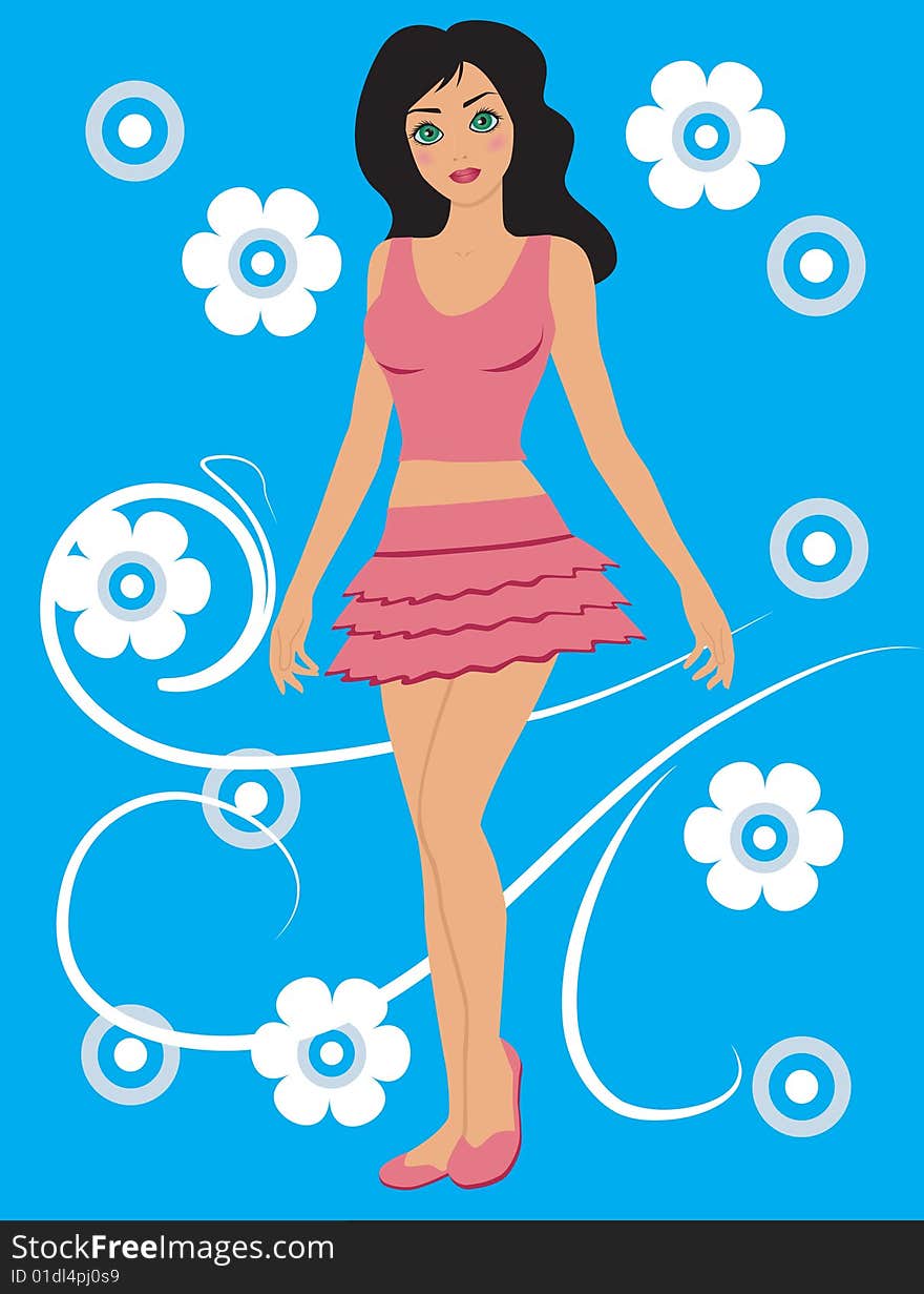 Girl in pink over abstract blue background-vector. Girl in pink over abstract blue background-vector