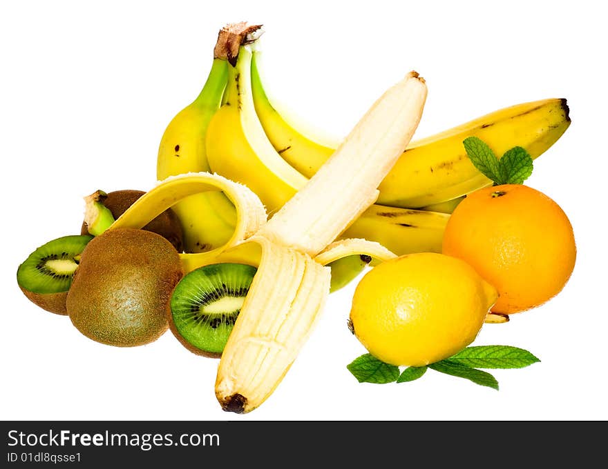 Fruits with leaves isolated on white background