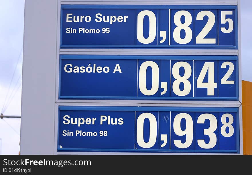 A priceboard in Spain displaying very low petrol prices at the beginning of 2009