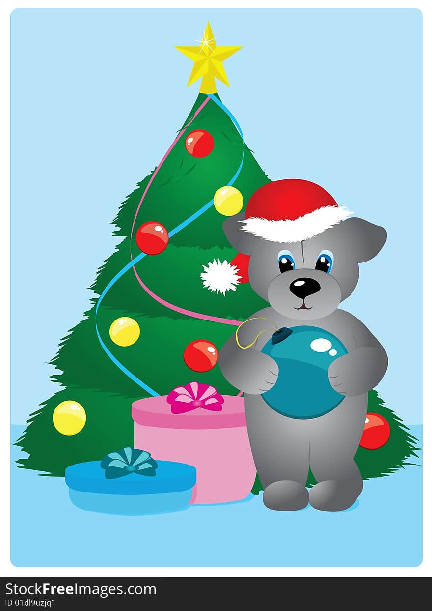 Bear with christmas tree decoration, gifts and christmas tree - . Bear with christmas tree decoration, gifts and christmas tree -