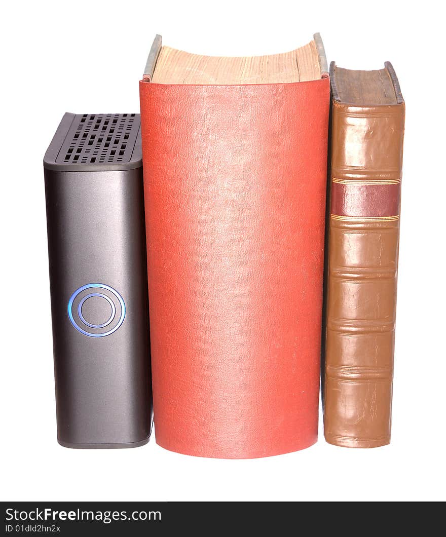 Old Leather Bound Books With A Computer Hard Drive