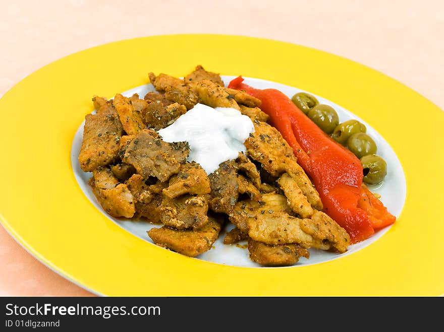 Grilled Meat With Baked Red Bell Pepper, Olive, Sa