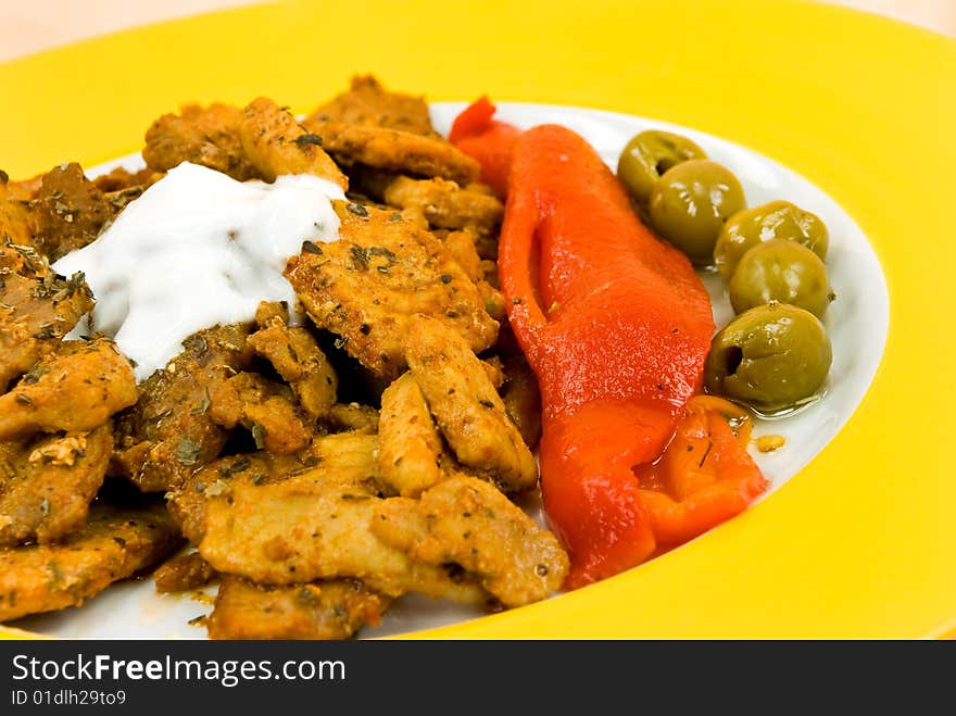 Grilled Meat With Baked Red Bell Pepper, Olive, Sa